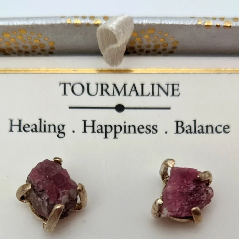 Raw Pink Tourmaline 925 Silver Stud Earrings NIB